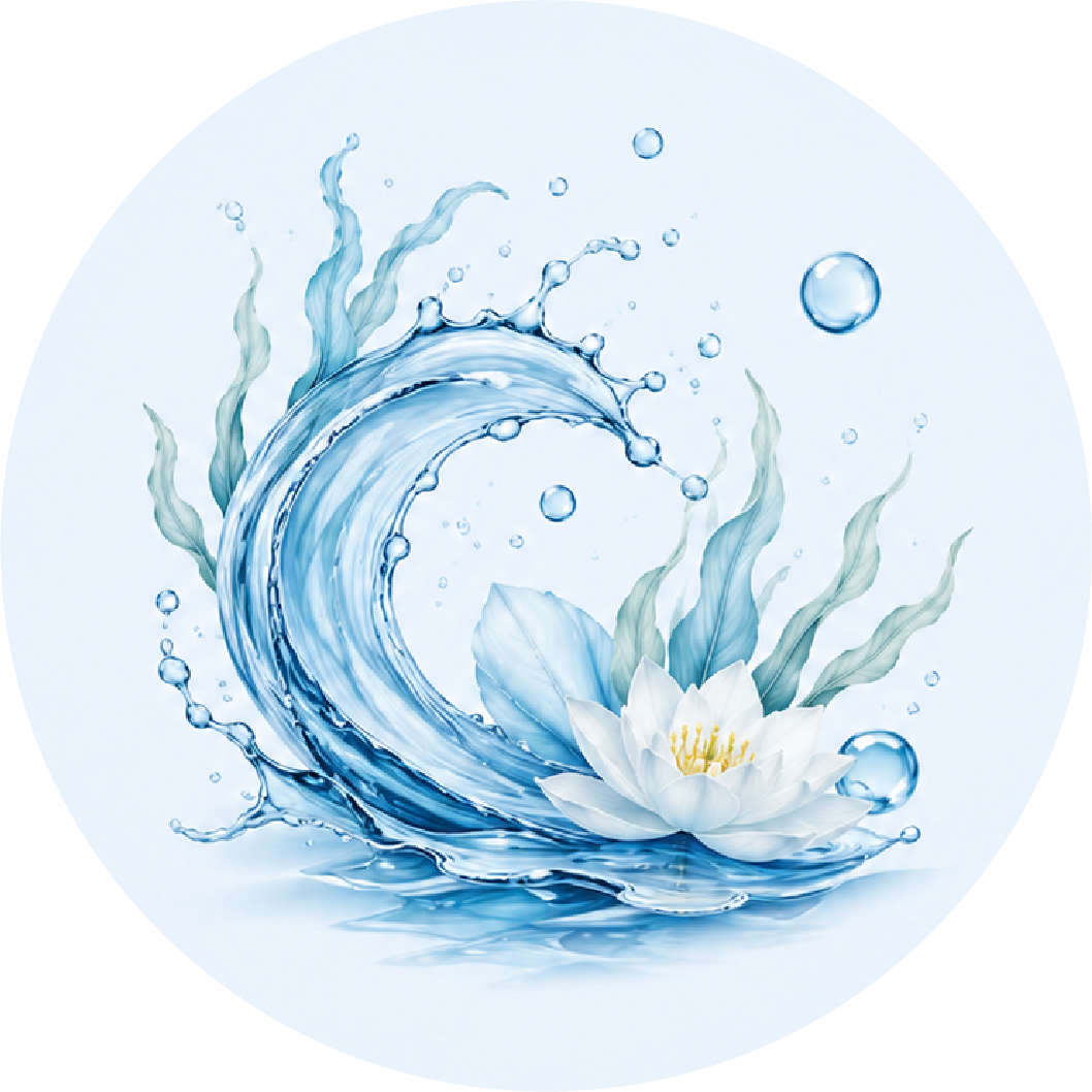 A circular graphic illustration featuring a white lotus flower with a yellow center surrounded by a blue water wave and bubbles on a pale blue background.