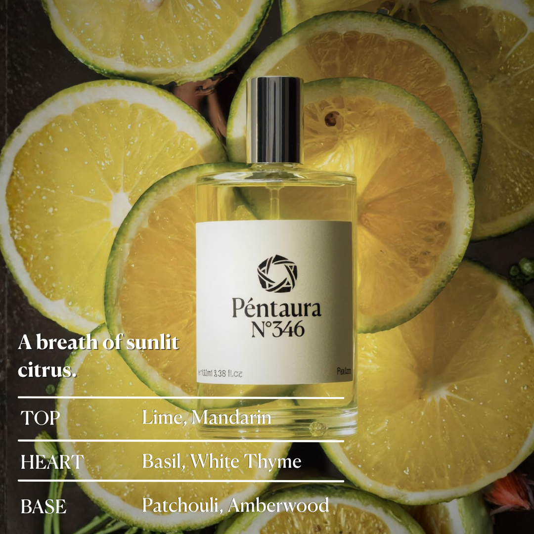 A bottle of Péntaura N°346 fragrance centered over a background of sliced lime and lemon, with text on the left reading 'A breath of sunlit citrus.' and scent notes for top, heart, and base.