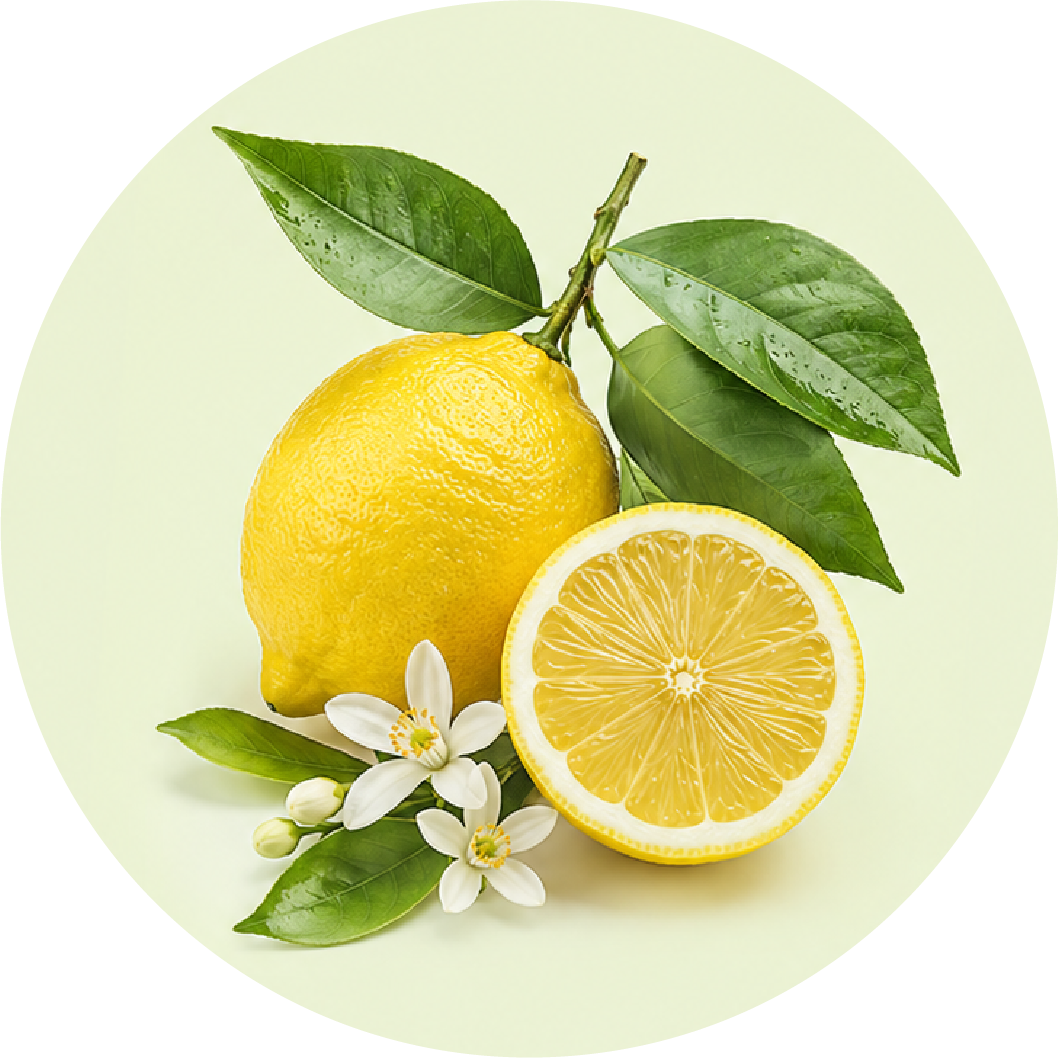 A whole lemon and a halved lemon with green leaves and small white citrus flowers on a pale green background.