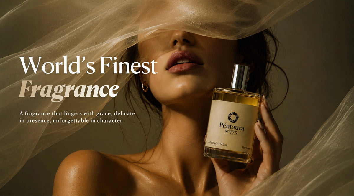 Woman holding a bottle of Péntaura No. 175 perfume, framed by sheer fabric, with the text “World’s Finest Fragrance.”