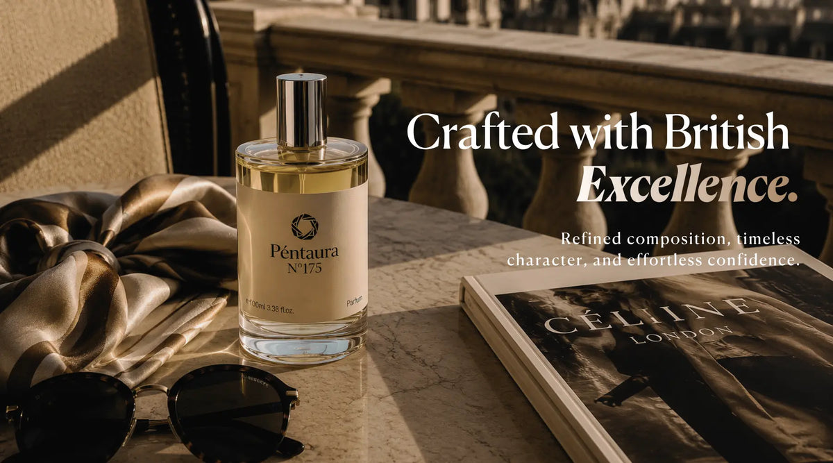 Péntaura No. 175 perfume displayed beside silk, sunglasses, and a fashion magazine, with the text “Crafted with British Excellence.”