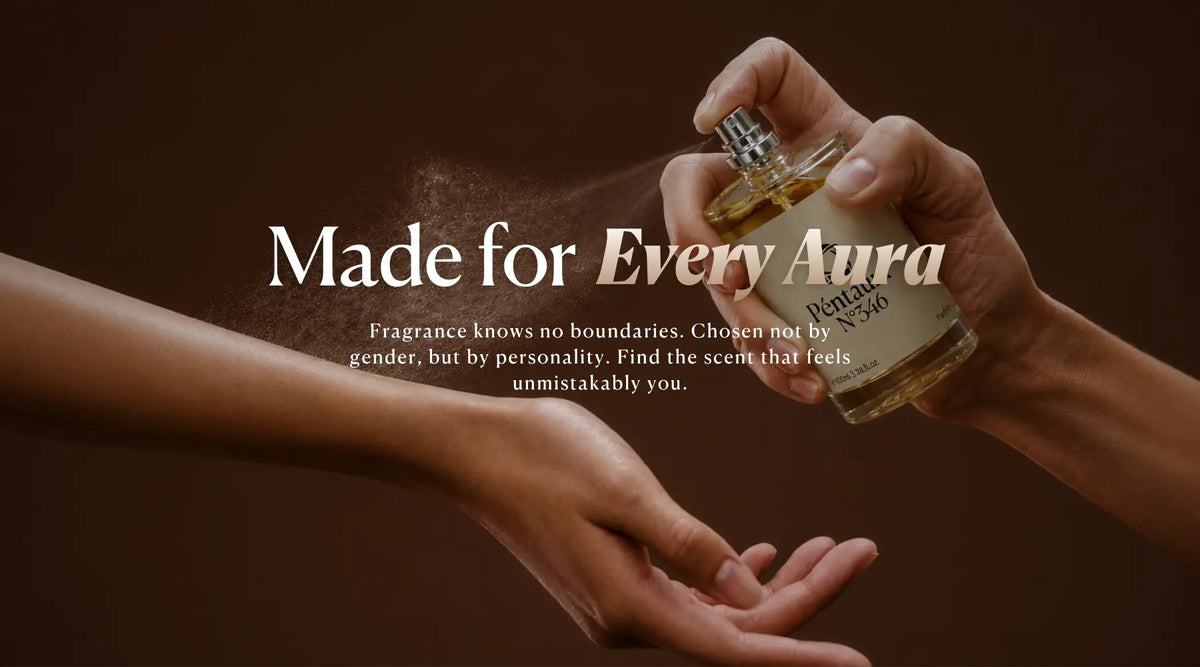 Péntaura No. 346 perfume being sprayed onto a wrist, with the inclusive fragrance message “Made for Every Aura.