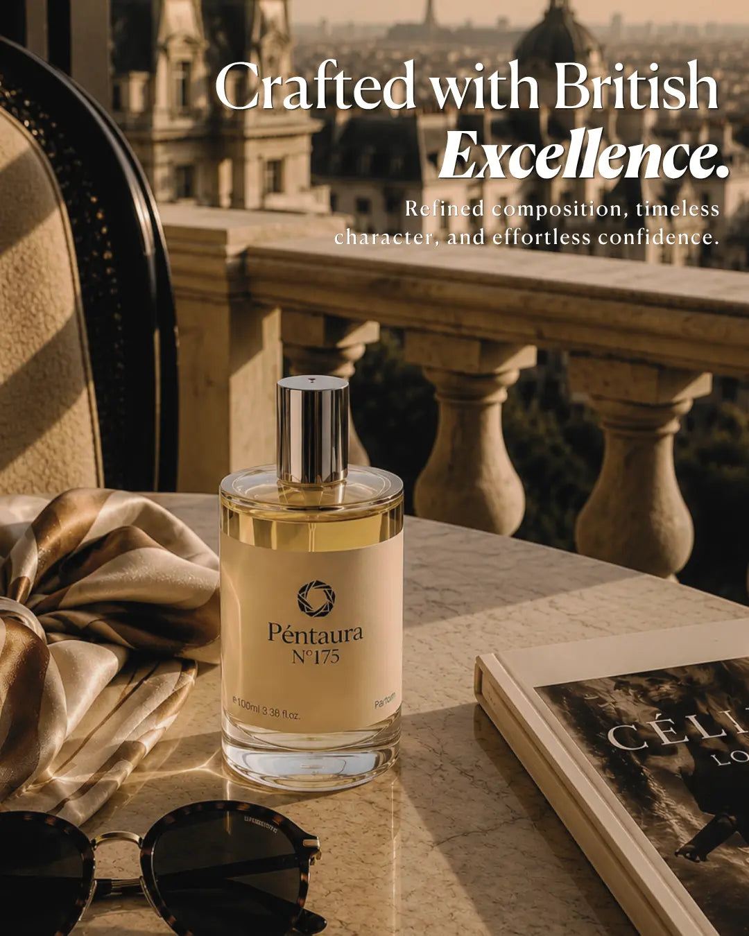 Woman holding Péntaura No. 175 perfume beneath flowing sheer fabric, with the text “World’s Finest Fragrance.