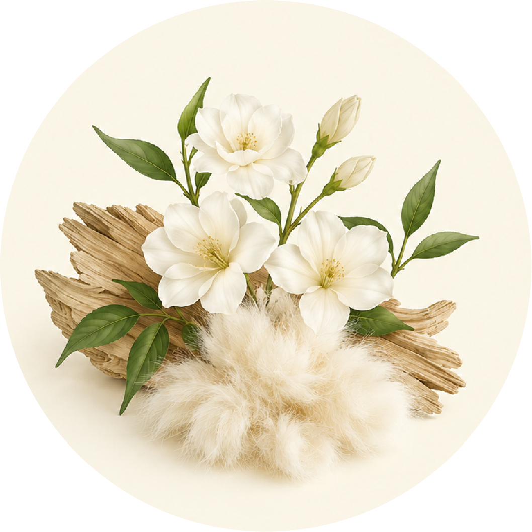 A decorative floral arrangement featuring three white flowers with green leaves, resting on a piece of natural driftwood and topped with fluffy cream-colored fibers, centered within a circular cream background.
