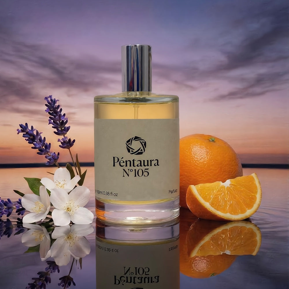 A bottle of Pentaura N°105 perfume stands on a reflective surface with a sunset sky behind it. Lavender sprigs, white flowers, an orange, and an orange slice are arranged around the bottle.
