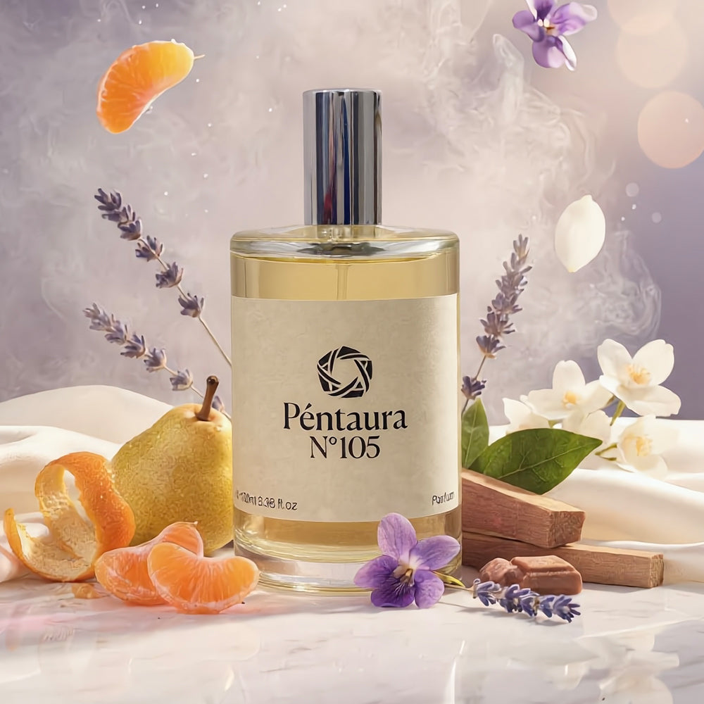 A bottle of Péntaura N°105 perfume centered on a glossy white surface, surrounded by citrus slices, a pear, lavender sprigs, white flowers, purple blossoms, and wooden blocks against a soft lavender background with floating petals and smoke.