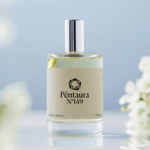 A bottle of Péntaura N°149 perfume with a clear glass body, pale yellow liquid, a beige label, and a reflective silver cap, set against a soft light blue background with blurred white flowers.