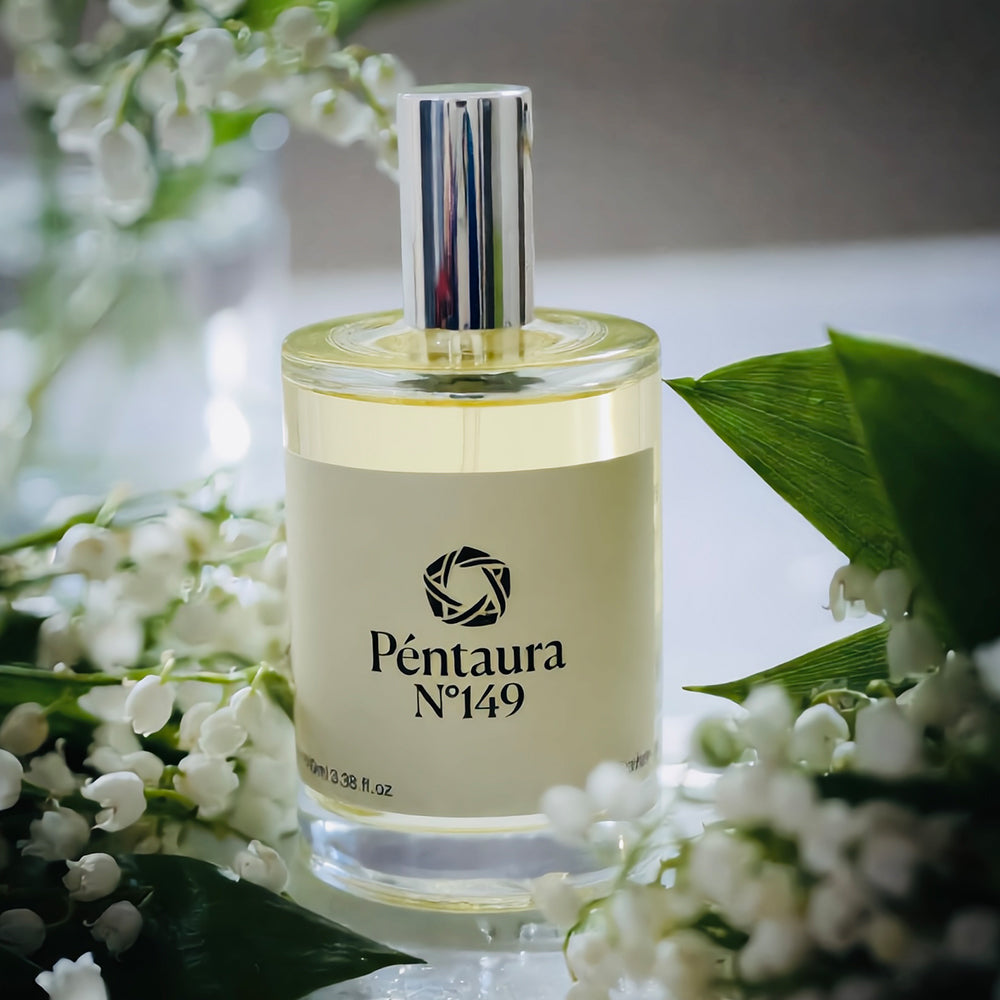 A clear glass perfume bottle with a reflective silver cap and a cream-colored label reading 'Péntaura N°149', styled with white flowers and green leaves around it