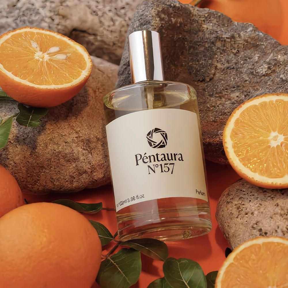 A bottle of Péntaura N°157 perfume with a white label and silver cap, surrounded by fresh oranges, orange slices, and rough rocks on an orange surface.