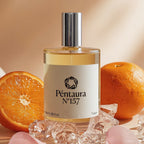 A bottle of Péntaura N°157 perfume centered in the frame, with a white label and silver cap, surrounded by orange slices, whole oranges, and clear ice cubes on a warm beige background.