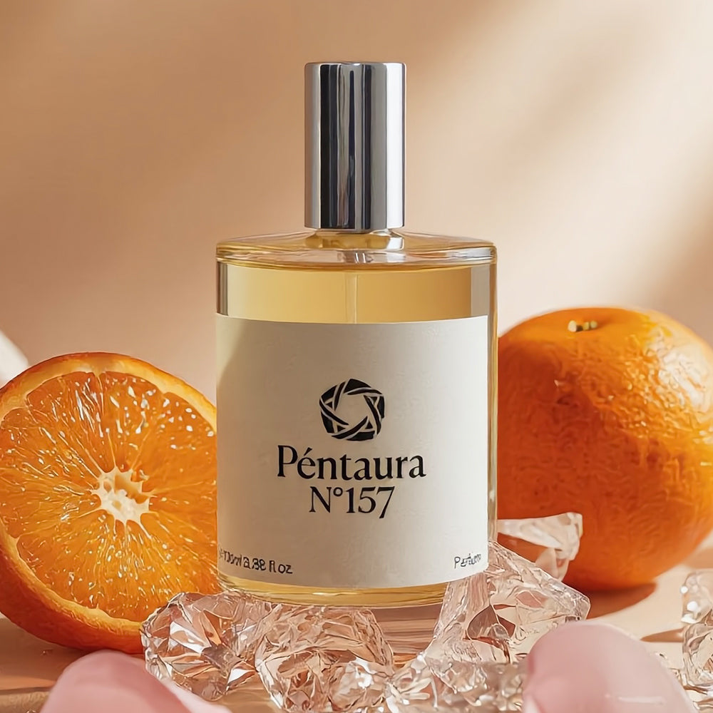 A bottle of Péntaura N°157 perfume centered in the frame, with a white label and silver cap, surrounded by orange slices, whole oranges, and clear ice cubes on a warm beige background.