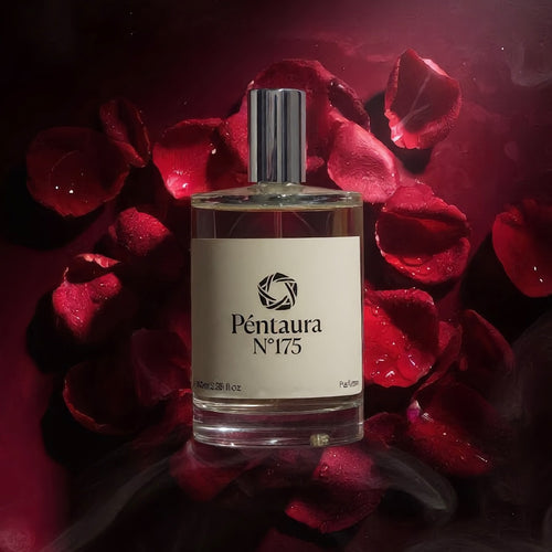 A clear glass perfume bottle with a silver cap and a cream label reading 'Péntaura N°175', centered among scattered red rose petals on a dark red background.