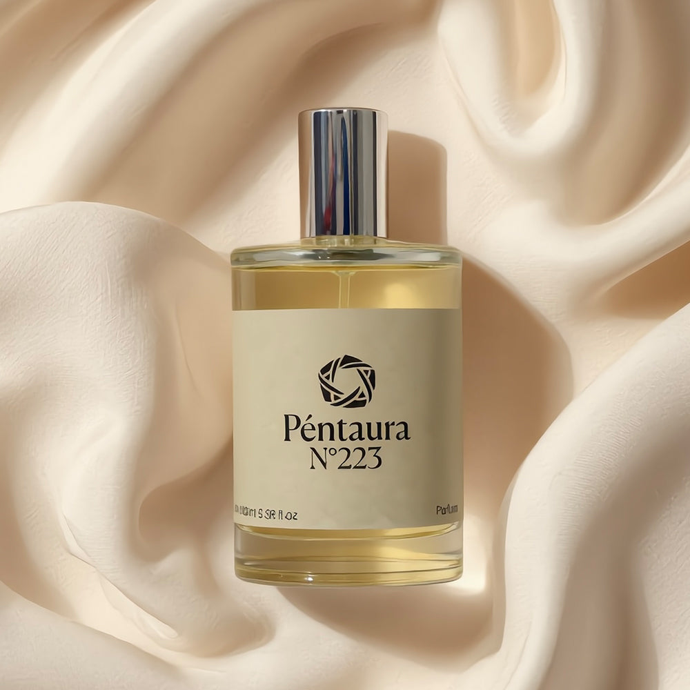 A clear glass perfume bottle with pale golden liquid, a cream label, and a reflective silver cap, centered on draped cream satin fabric. The label reads Péntaura No 223.