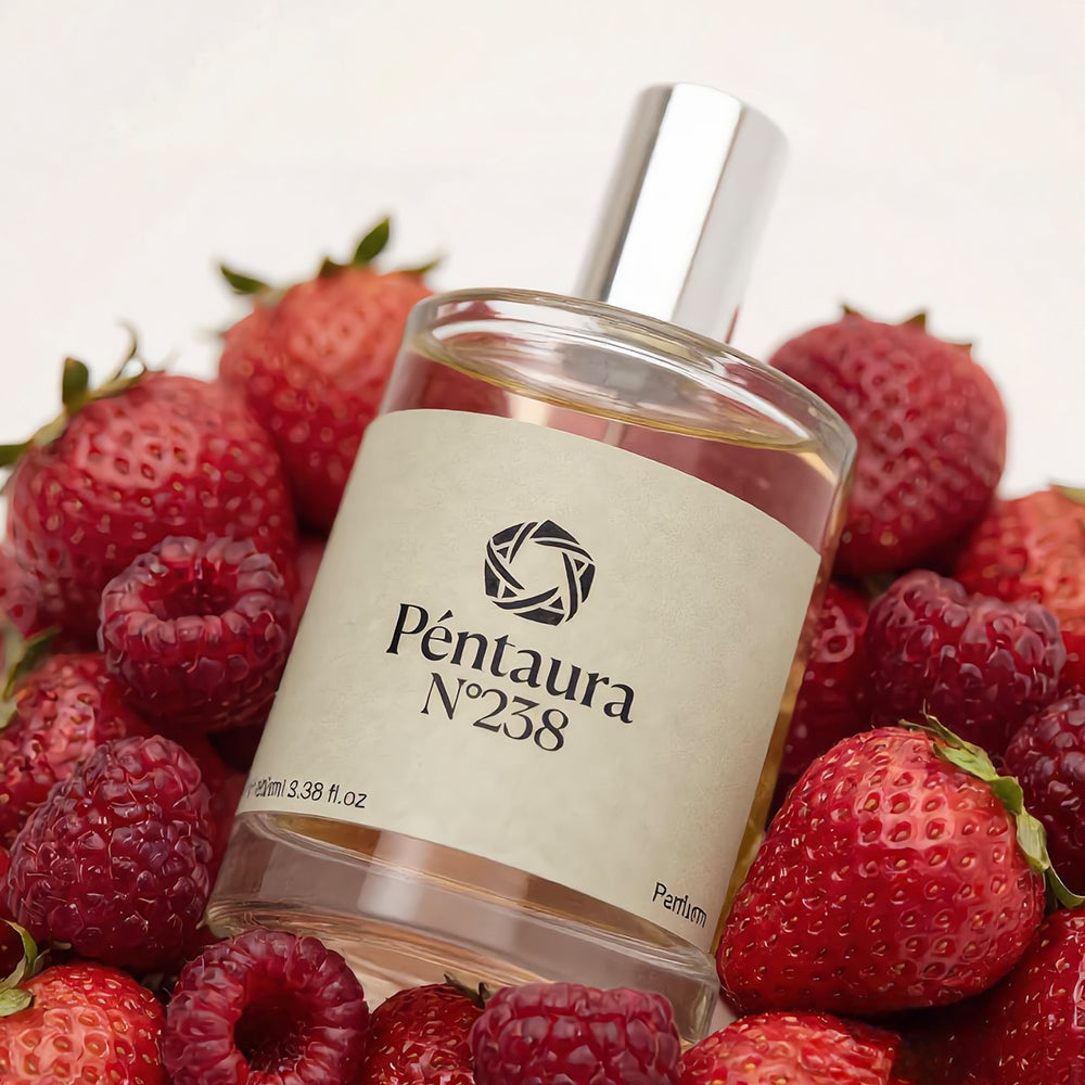 A bottle of Péntaura N°238 perfume surrounded by fresh red strawberries and raspberries on a light background.