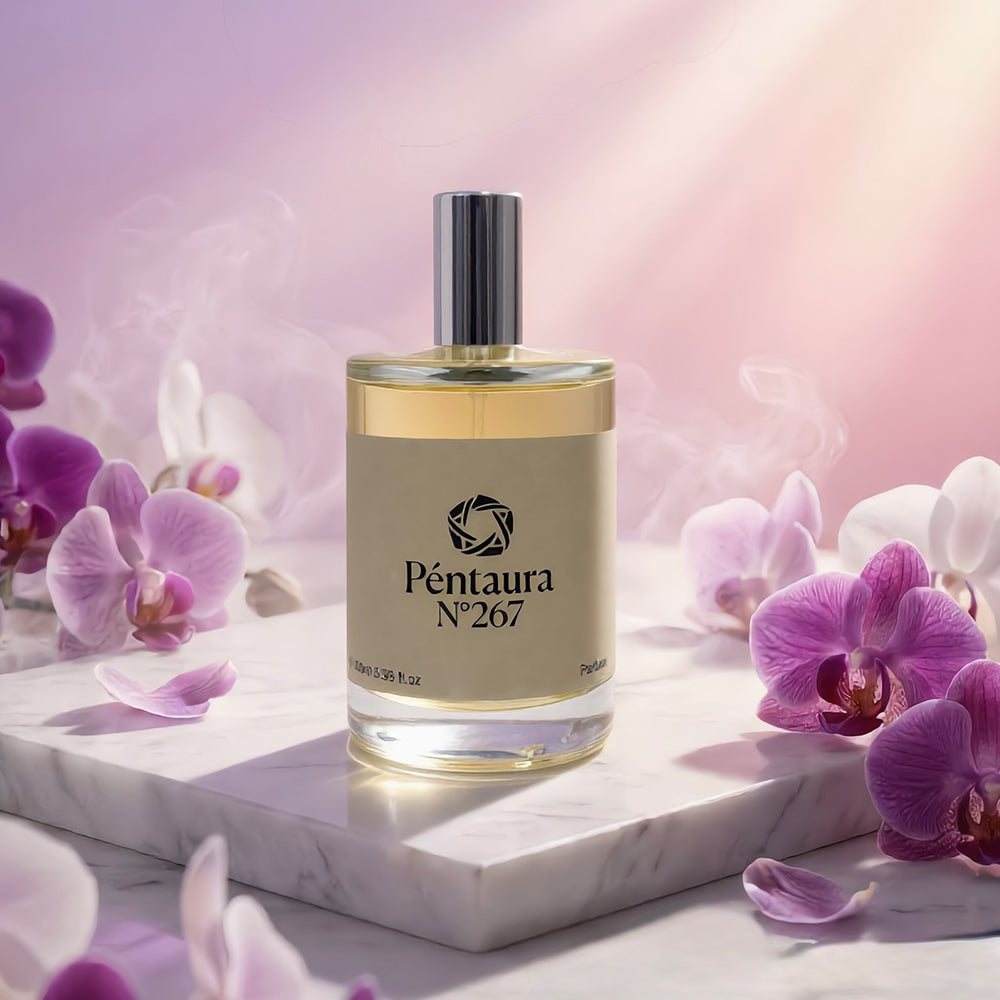 A clear glass perfume bottle with a metallic silver cap and a beige label reading 'Péntaura N°267', placed on a white marble slab surrounded by purple orchids against a soft pink and lavender background.