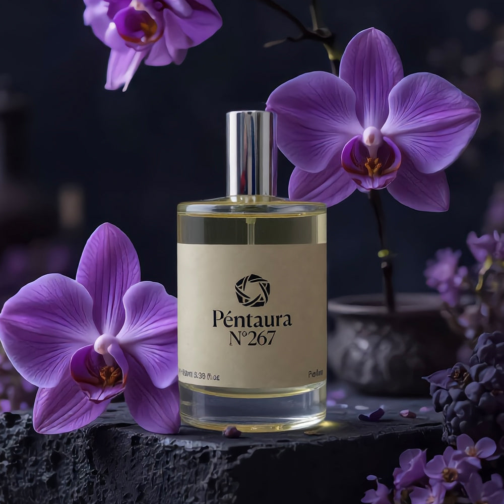 A bottle of Péntaura N°267 perfume with a beige label and silver cap, styled on a dark stone surface with purple orchids in the background.