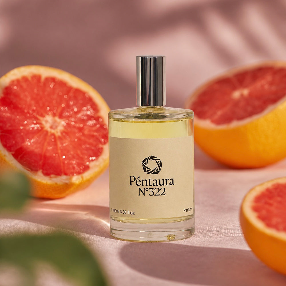 A bottle of Péntaura No. 322 perfume centered on a soft pink surface, surrounded by sliced grapefruit halves in a styled product shot.