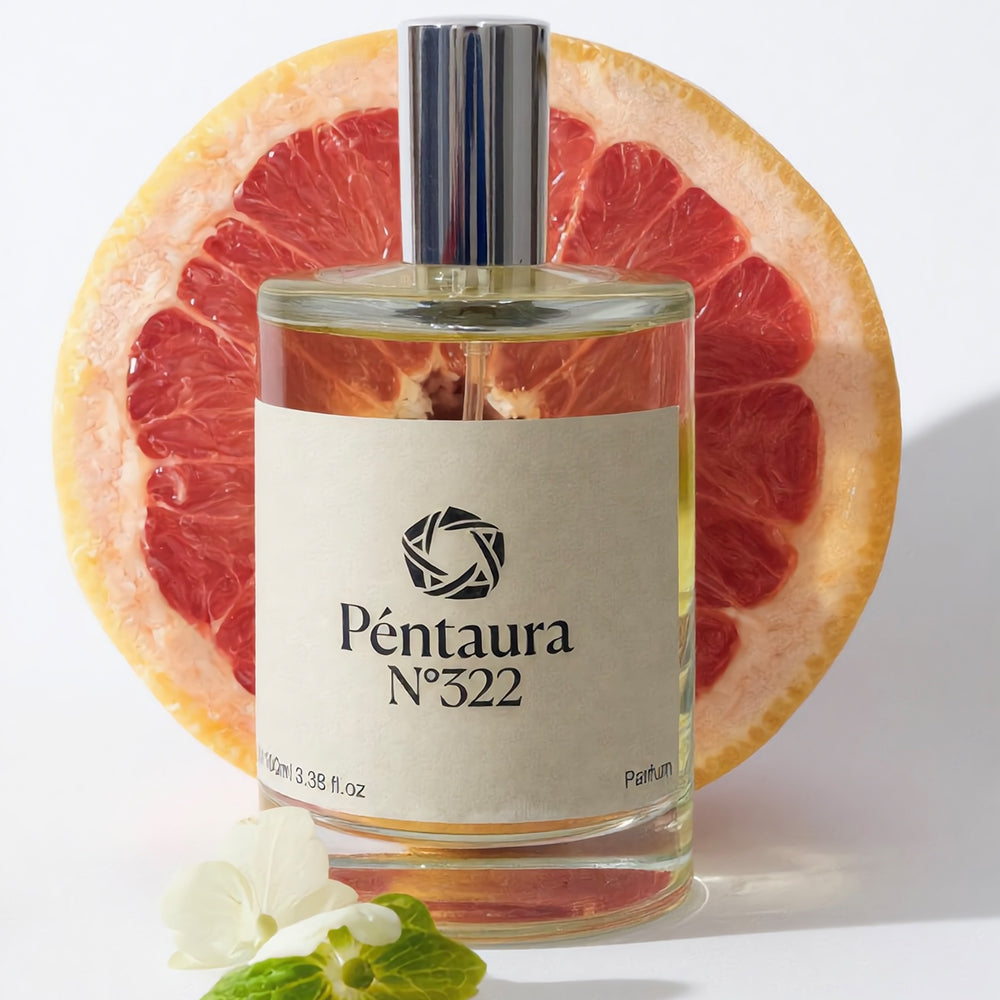 A bottle of Péntaura N°322 perfume centered in front of a sliced grapefruit, with a small white flower in the foreground on a clean white background.