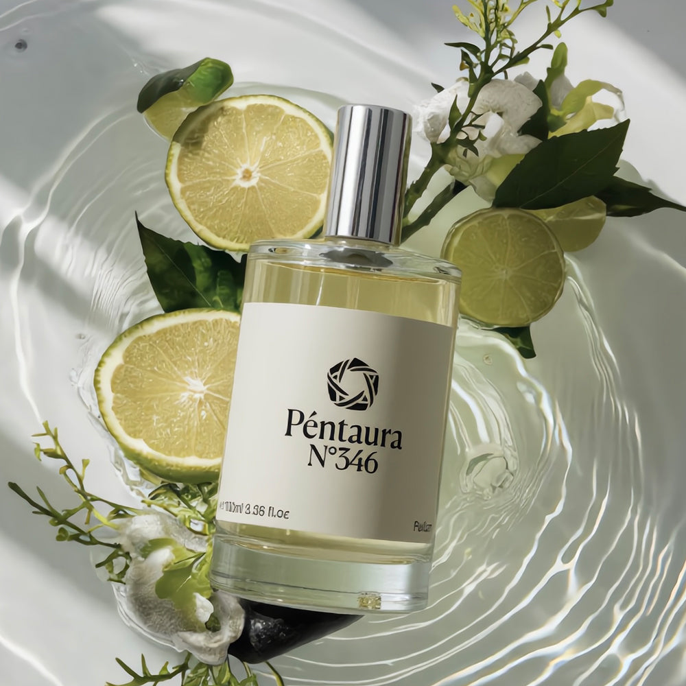 A clear glass perfume bottle labeled Péntaura N° 346 with a silver cap, filled with pale yellow liquid, styled on a white surface with sliced lime, green leaves, and white flowers.