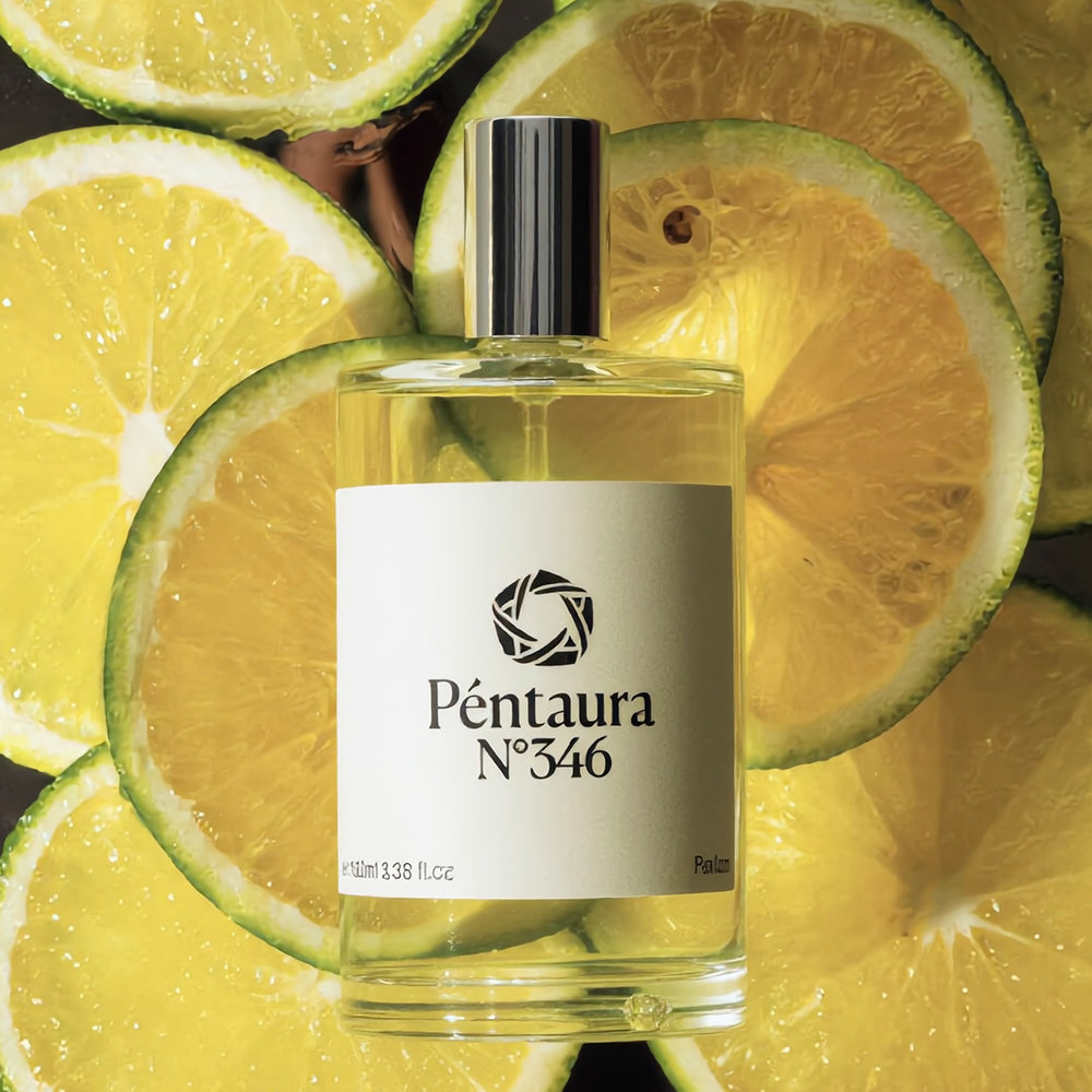 A clear rectangular perfume bottle with a white label reading Péntaura N° 346, surrounded by sliced yellow citrus fruit on a dark background.