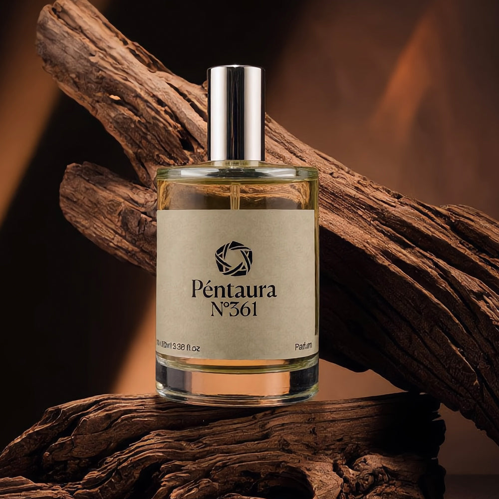 A bottle of Pentaura N°361 Parfum with a beige label and silver cap, displayed on rustic wood logs against a dark, warm background.