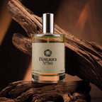 A bottle of Pentaura N°361 Parfum with a beige label and silver cap, displayed on rustic wood logs against a dark, warm background.