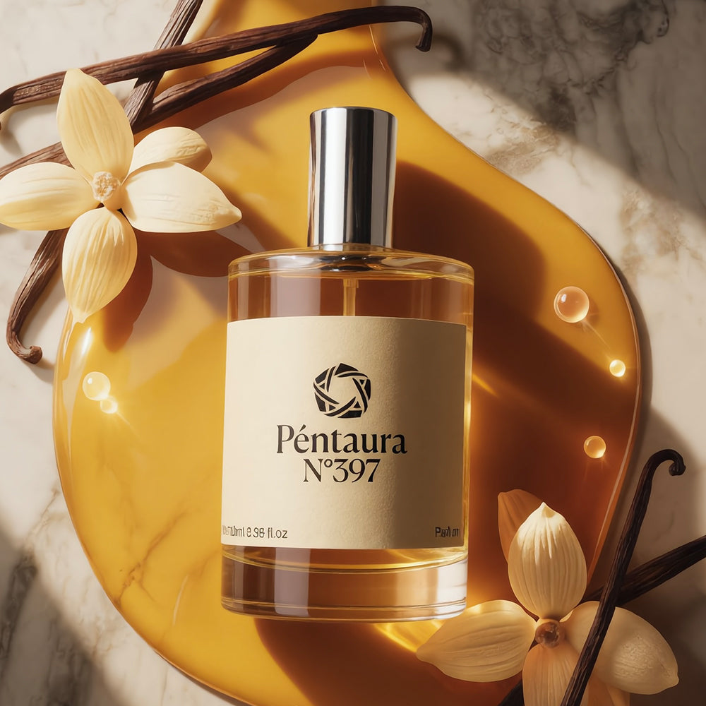 A bottle of Péntaura No 397 perfume with a cream label and silver cap, styled on a glossy amber dish with vanilla beans and cream orchid flowers on a marble surface.