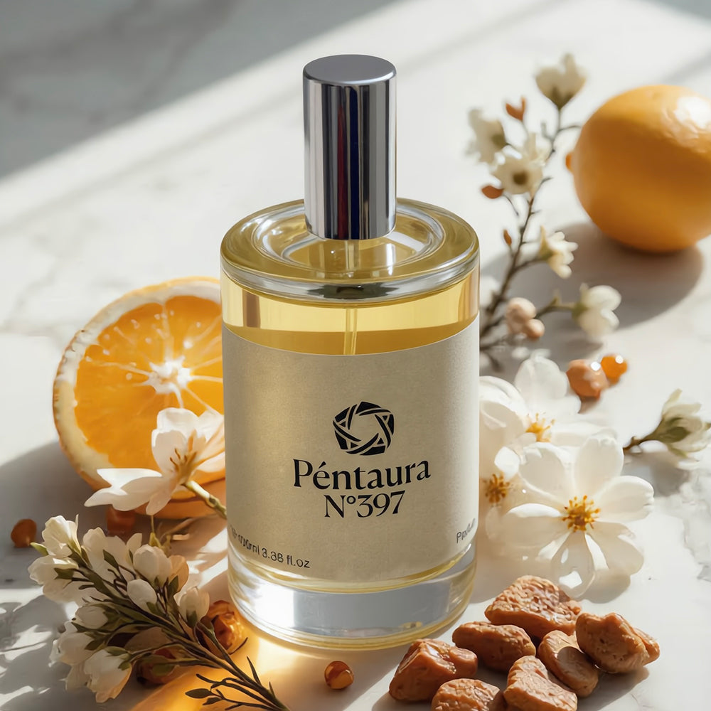 A clear glass perfume bottle with a silver cap and a cream label reading 'Péntaura N°397', styled on a light marble surface with orange slices, white blossoms, and small brown botanical pieces around it.