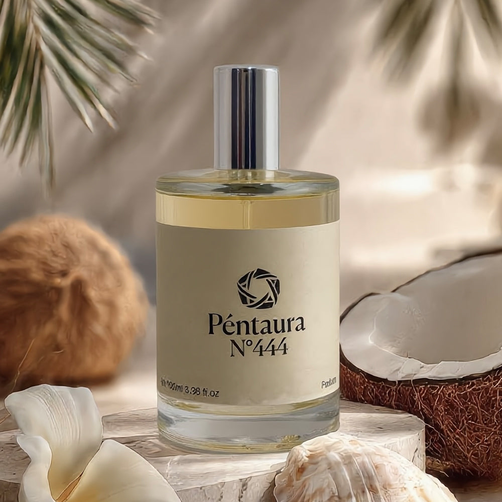 A bottle of Péntaura N° 444 perfume centered on a styled tropical background with palm leaves, a coconut, a halved coconut, shells, and a white flower. The bottle has a cream label and a reflective silver cap.