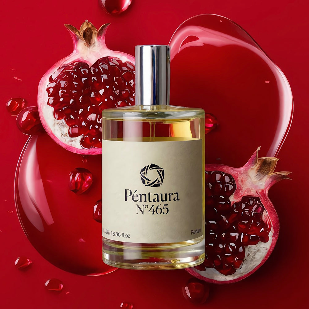 A bottle of Péntaura N° 465 perfume centered on a vivid red background, surrounded by glossy red liquid pools and cut pomegranate halves. The bottle has a silver cap and a cream label with black text.