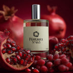 A clear glass perfume bottle with a silver cap and a cream label reading 'Péntaura N°465' and 'Parfum', styled with fresh pomegranate halves and seeds against a dark red background.
