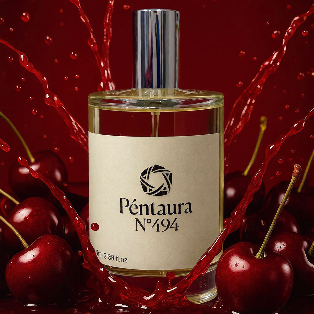 A bottle of Péntaura N°494 perfume centered against a dark red background with glossy cherries and red liquid splashes around it. The bottle is clear glass with pale yellow liquid, a cream label, and a silver cap.