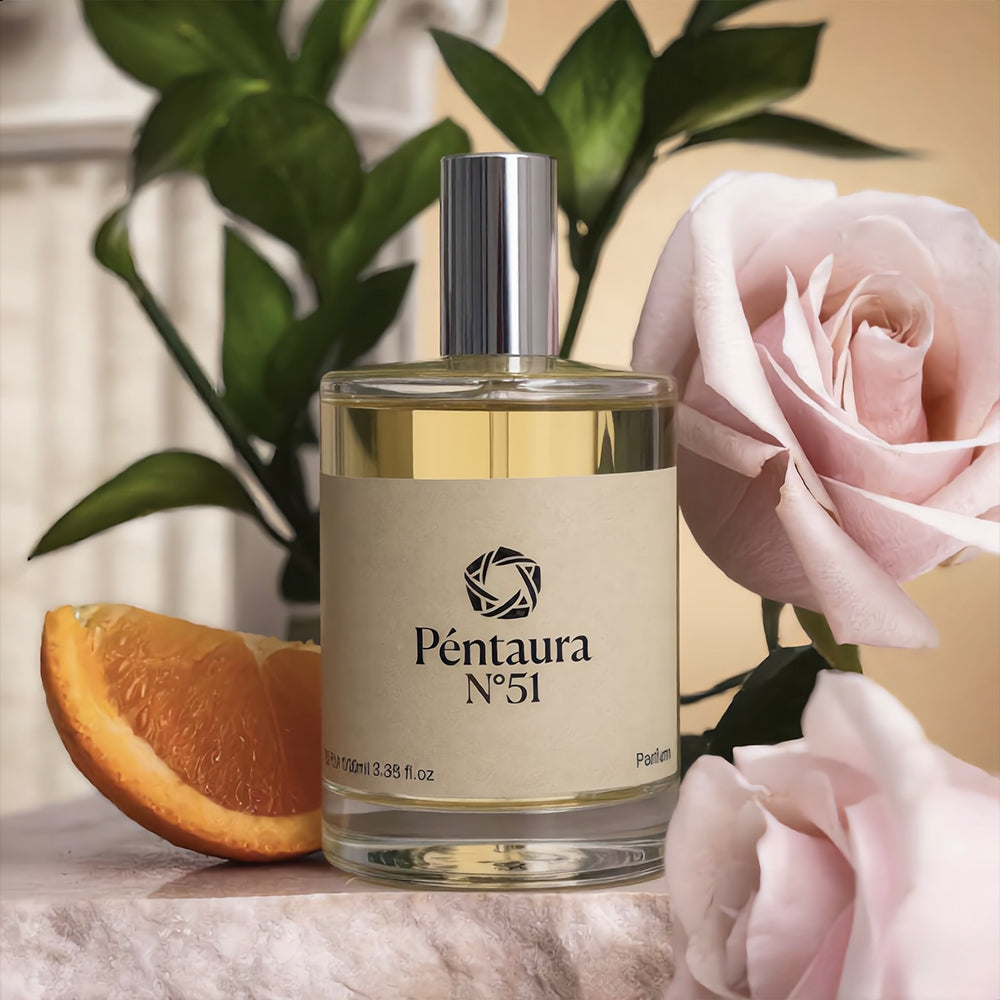 A bottle of Péntaura N°51 perfume centered on a marble surface, surrounded by green leaves, a pale pink rose, and an orange slice. The bottle has a silver cap and a cream label with black text.