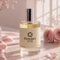 A bottle of Péntaura N°51 perfume stands on a light surface with soft pink roses and draped fabric around it. The bottle is clear glass with pale yellow liquid, a cream label, and a reflective silver cap.