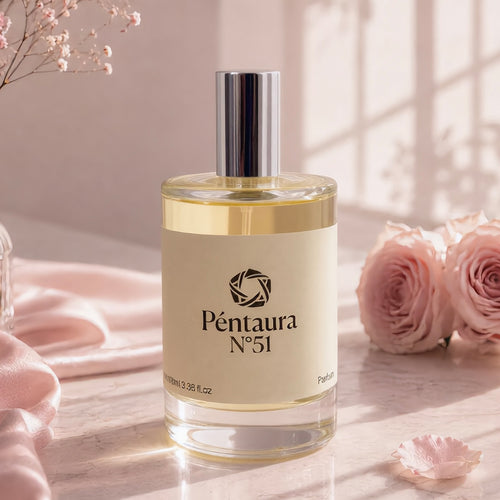 A bottle of Péntaura N°51 perfume stands on a light surface with soft pink roses and draped fabric around it. The bottle is clear glass with pale yellow liquid, a cream label, and a reflective silver cap.
