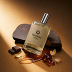 A bottle of Pentaura No.314 perfume with a silver cap and cream-colored label, styled on a warm brown background with chocolate pieces, amber resin, and flower petals.