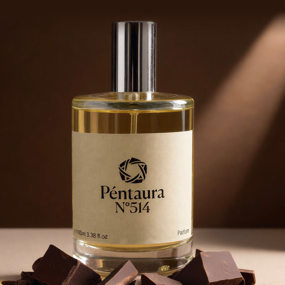 A bottle of Péntaura N°514 perfume with a beige label and silver cap, set against a dark brown background with chocolate pieces at the base.