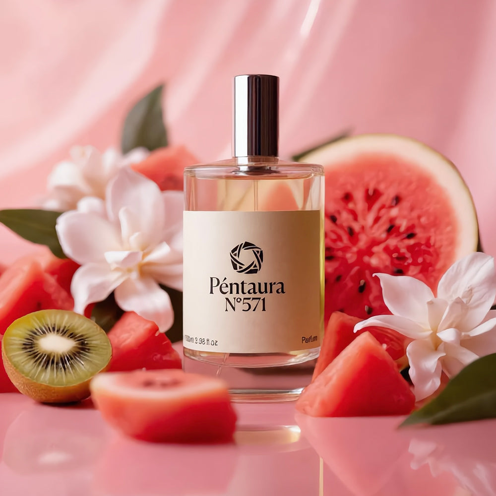 A bottle of Péntaura N°571 perfume centered on a glossy pink surface, surrounded by watermelon slices, kiwi, white flowers, and soft pink fabric. The bottle has a beige label with black text and a reflective silver cap.