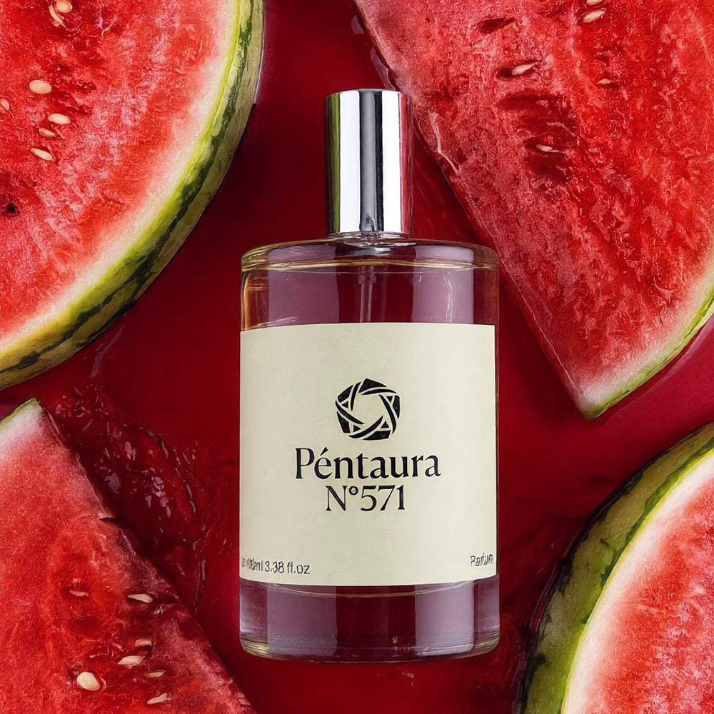 A clear glass perfume bottle with a silver cap and a cream label reading 'Péntaura N°571' is centered against a glossy red background surrounded by watermelon slices. The product appears to be a fragrance, and the watermelon imagery suggests a watermelon scent story.