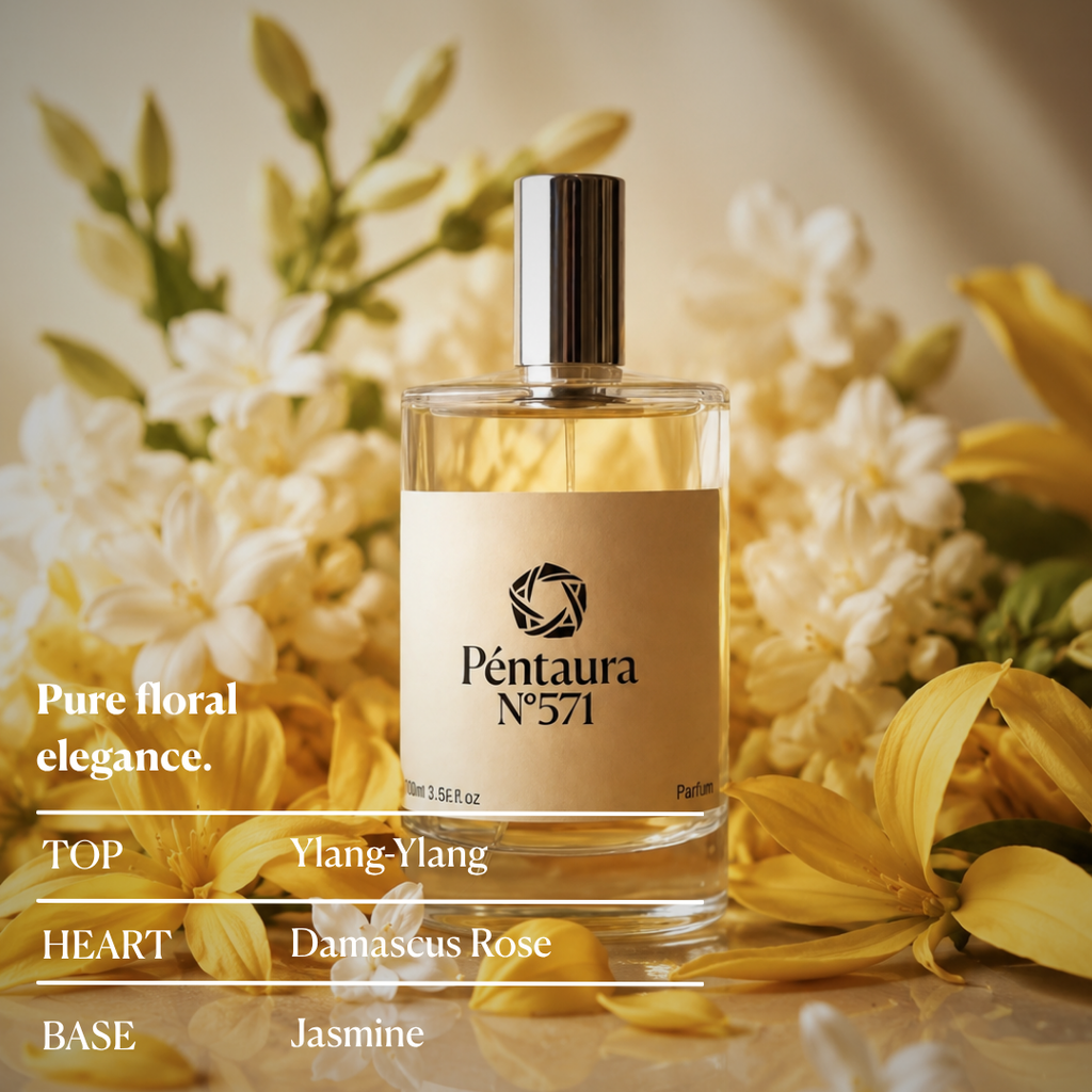 A clear rectangular perfume bottle with a beige label reading 'Péntaura N°571' stands centered among yellow flowers. The bottle has a reflective silver cap and is photographed in a warm floral setting.