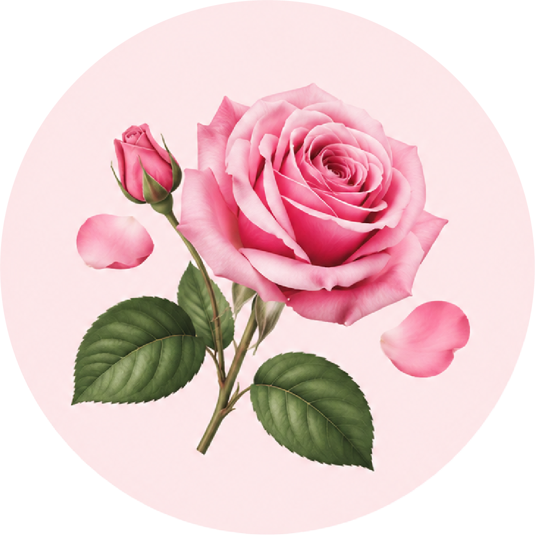A pink rose with green leaves and two loose petals, centered inside a light pink circular frame.