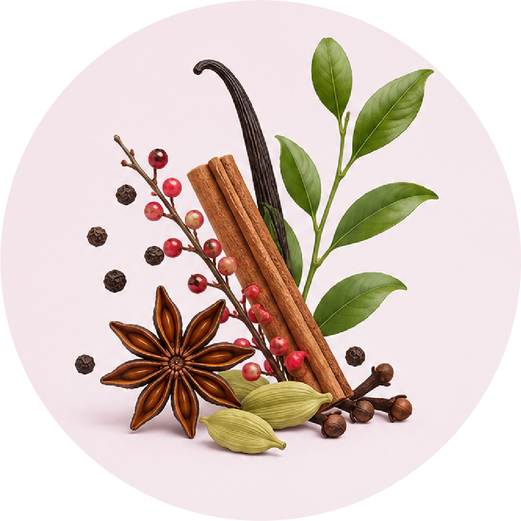 A circular graphic illustration of various whole spices and botanicals, including cinnamon sticks, star anise, cardamom pods, a vanilla bean, green leaves, and red berries, arranged on a pale pink background.