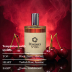 A bottle of Péntura N°494 fragrance centered against a dramatic red smoky background, surrounded by glossy red cherries. White text on the left lists scent notes: TOP Black Cherry, Almond; HEART Turkish Rose, Jasmine; BASE Tonka, Sandalwood.