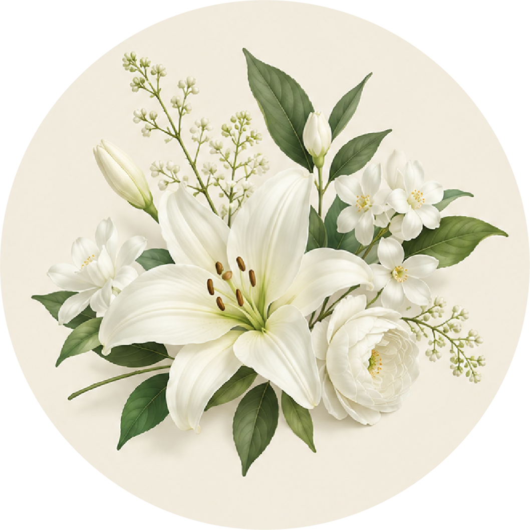 A circular floral illustration featuring white lilies, a white rose, green leaves, and small white blossoms on a warm cream background.
