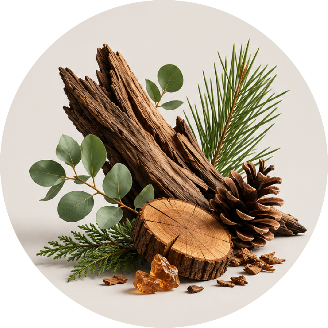 A circular arrangement of natural wood elements, including a large piece of weathered driftwood, a cut tree stump, a pinecone, green pine needles, eucalyptus leaves, and amber crystal pieces on a light beige background.