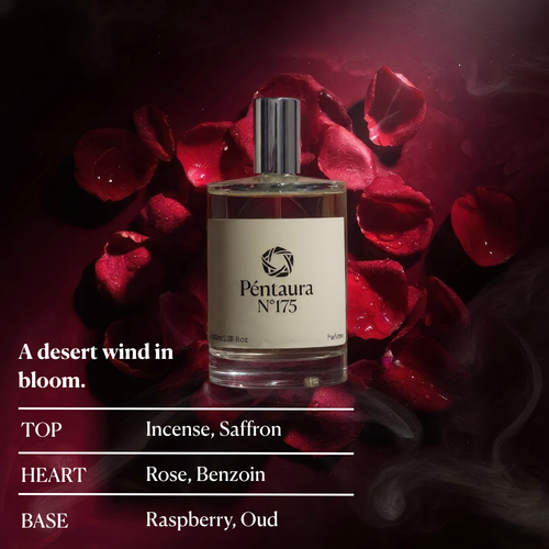 A perfume bottle labeled 'Pétaura N°175' centered against a dark red background with scattered rose petals and smoky effects. Text on the left reads 'A desert wind in bloom.