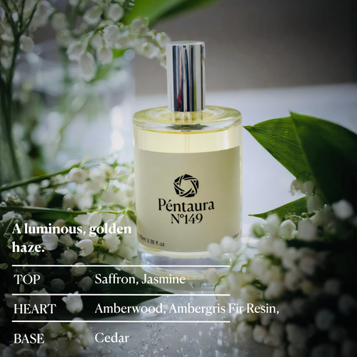 A bottle of Péntaura N°149 perfume with a silver cap and pale yellow liquid, surrounded by white flowers and green leaves. Text on the left lists scent notes: A luminous, golden haze.