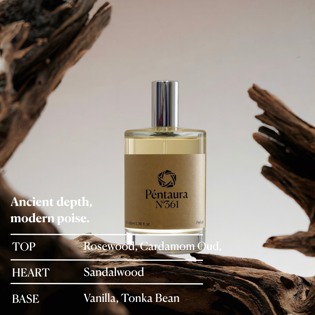 A bottle of Pentaura N°361 perfume with a beige label and silver cap, displayed on driftwood with text detailing its scent notes: Rosewood, Cardamom Oud, Sandalwood, and Vanilla, Tonka Bean.