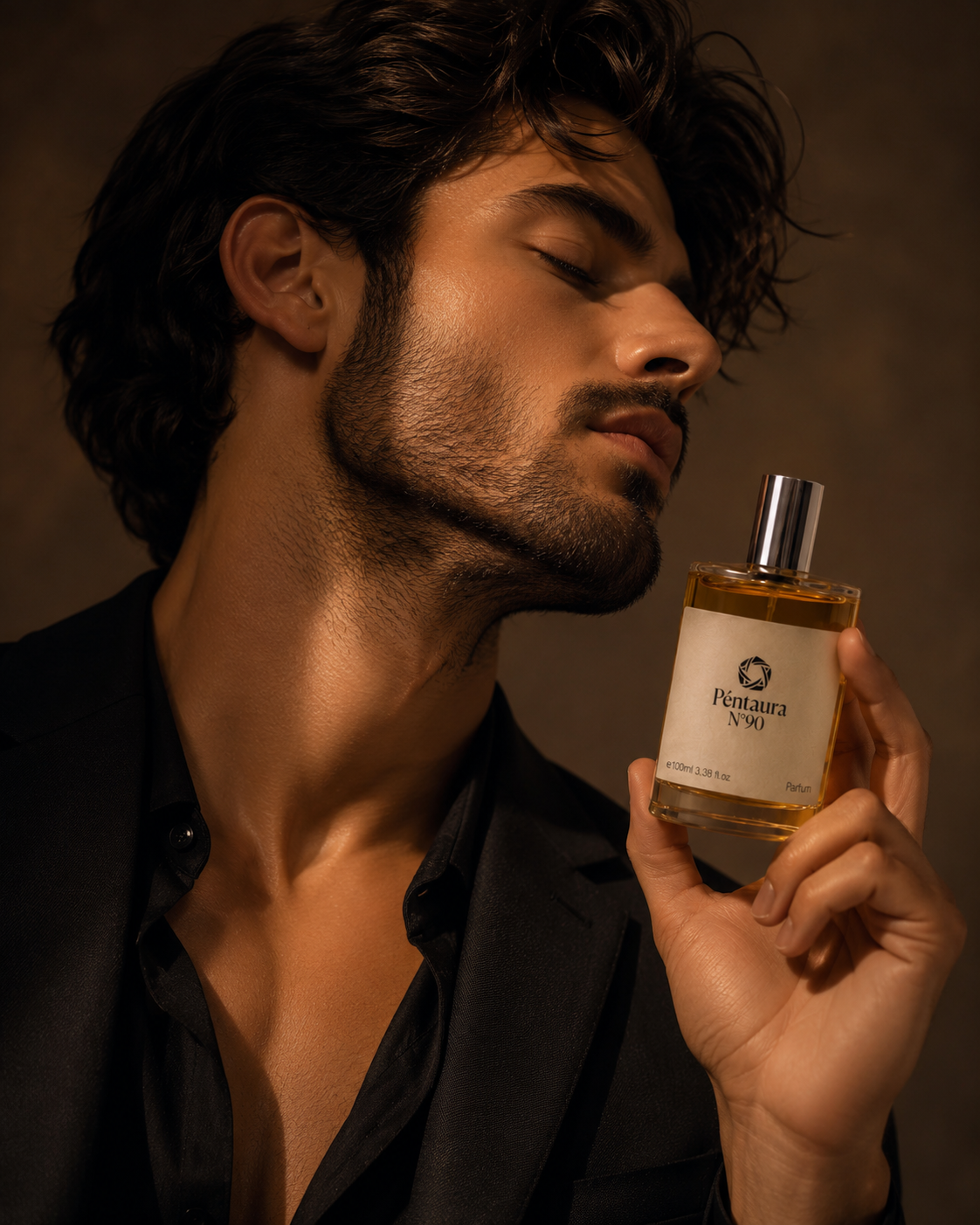 A man in a black shirt holds a bottle of Puntacara No. 97 perfume, looking up with a serene expression against a dark brown background.