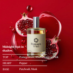 Pentaura No.465 'Midnight fruit in shadow' perfume bottle centered against a deep red background with pomegranate halves, liquid droplets, and scent notes listed on the left.